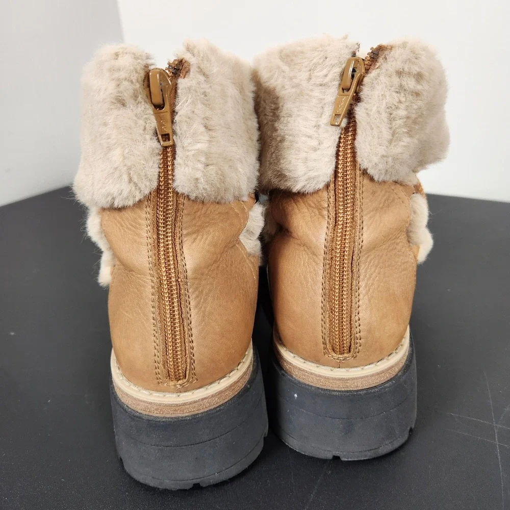 Free People Polar Queen Tan Leather Faux Fur Lace Up Ankle Boot Boho 38 7.5-8